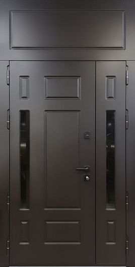 Полуторная входная термодверь с верхней вставкой, узкими стеклами и черными панелями МДФ RAL